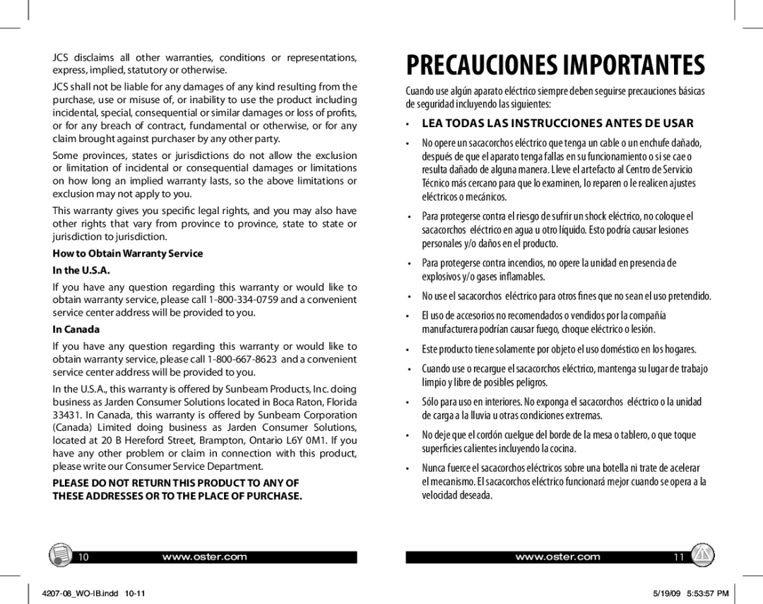 Oster 4207, 4208 warranty Lea todas las instrucciones antes de usar, How to Obtain Warranty Service U.S.A, Canada 