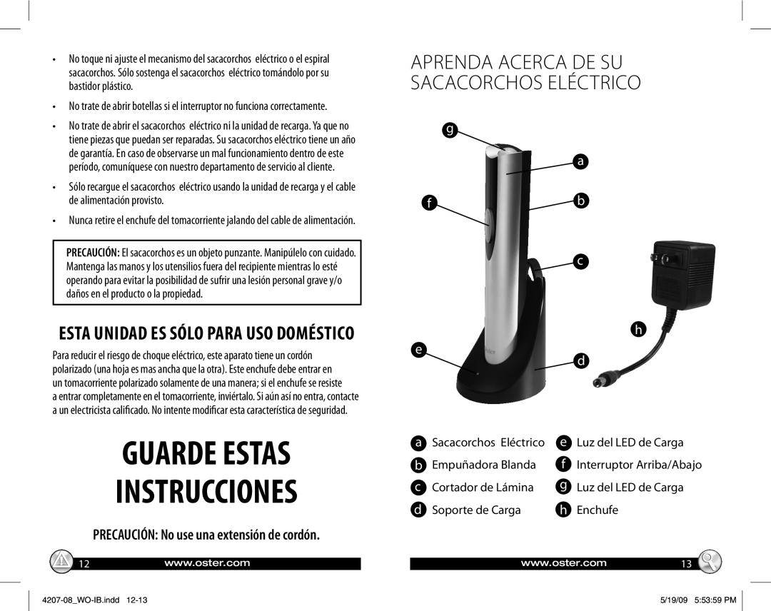 Oster 4208, 4207 warranty Aprenda Acerca DE SU sacacorchos Eléctrico, Precaución No use una extensión de cordón 