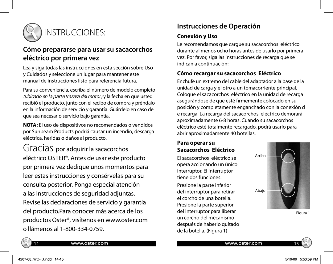 Oster Electric Wine Opener with Chiller Instrucciones de Operación, Conexión y Uso, Cómo recargar su sacacorchos Eléctrico 