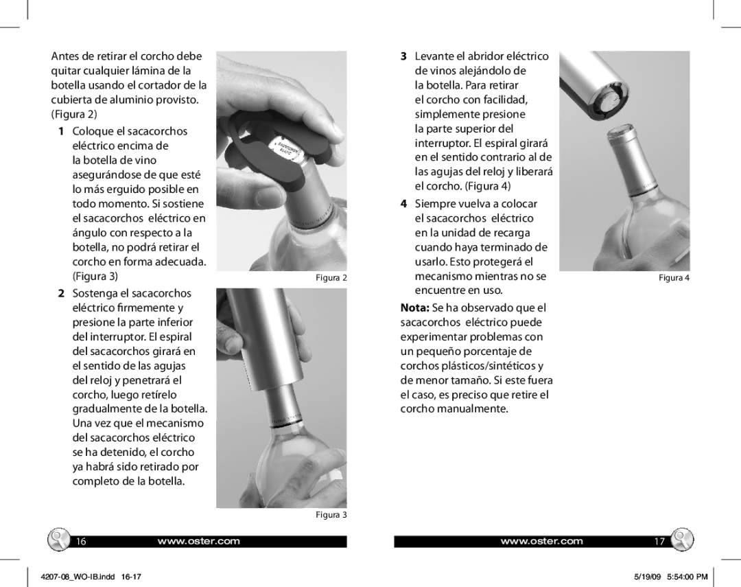 Oster 4207, 4208 Siempre vuelva a colocar, El sacacorchos eléctrico, En la unidad de recarga, Usarlo. Esto protegerá el 