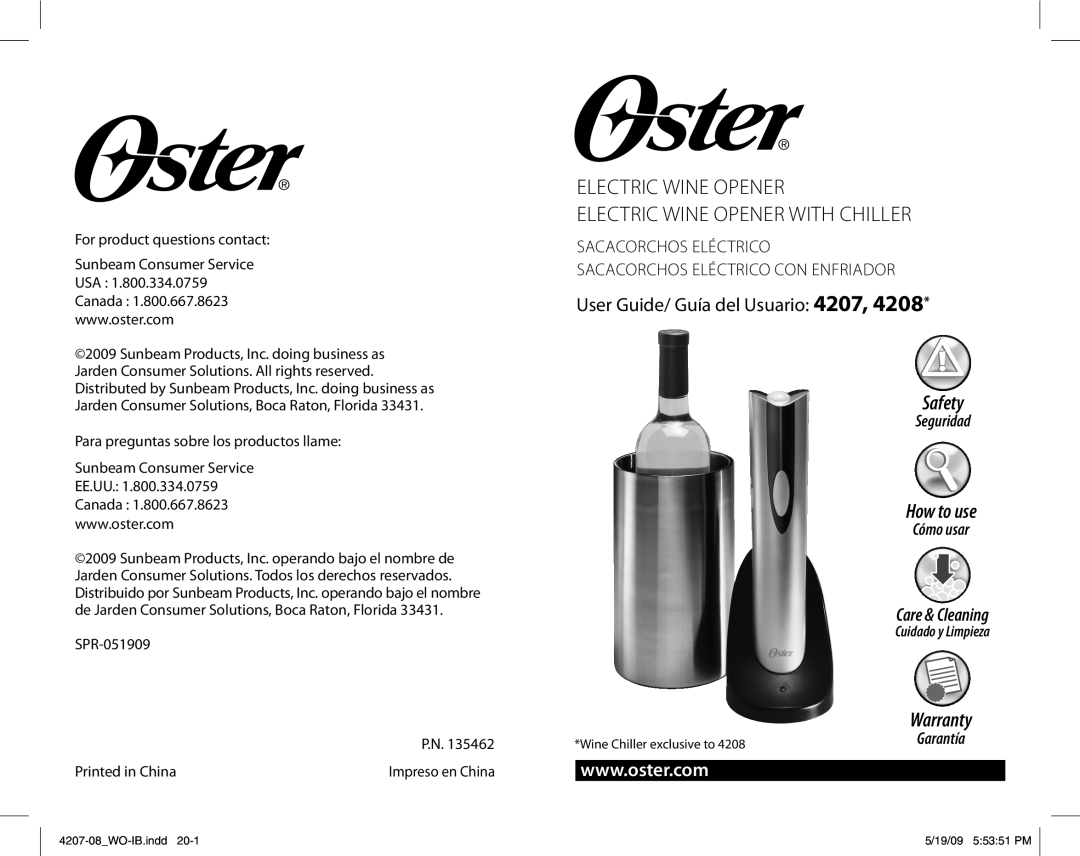Oster 4208 warranty Electric Wine Opener Electric Wine Opener with Chiller, User Guide/ Guía del Usuario, Safety, Warranty 