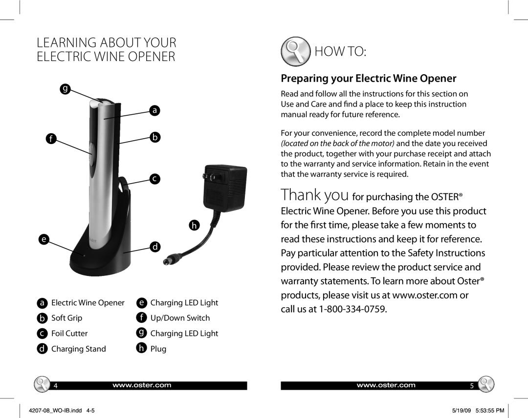 Oster 4207 learning about your Electric Wine Opener, HOW To, Preparing your Electric Wine Opener, call us at, g a fb c 