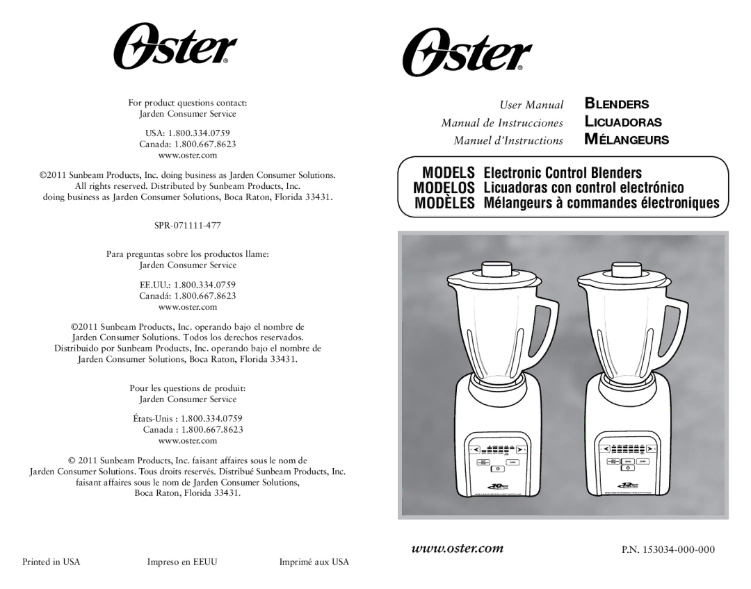 Oster Electronic Control Blender, 153034-000-000 user manual Blenders 