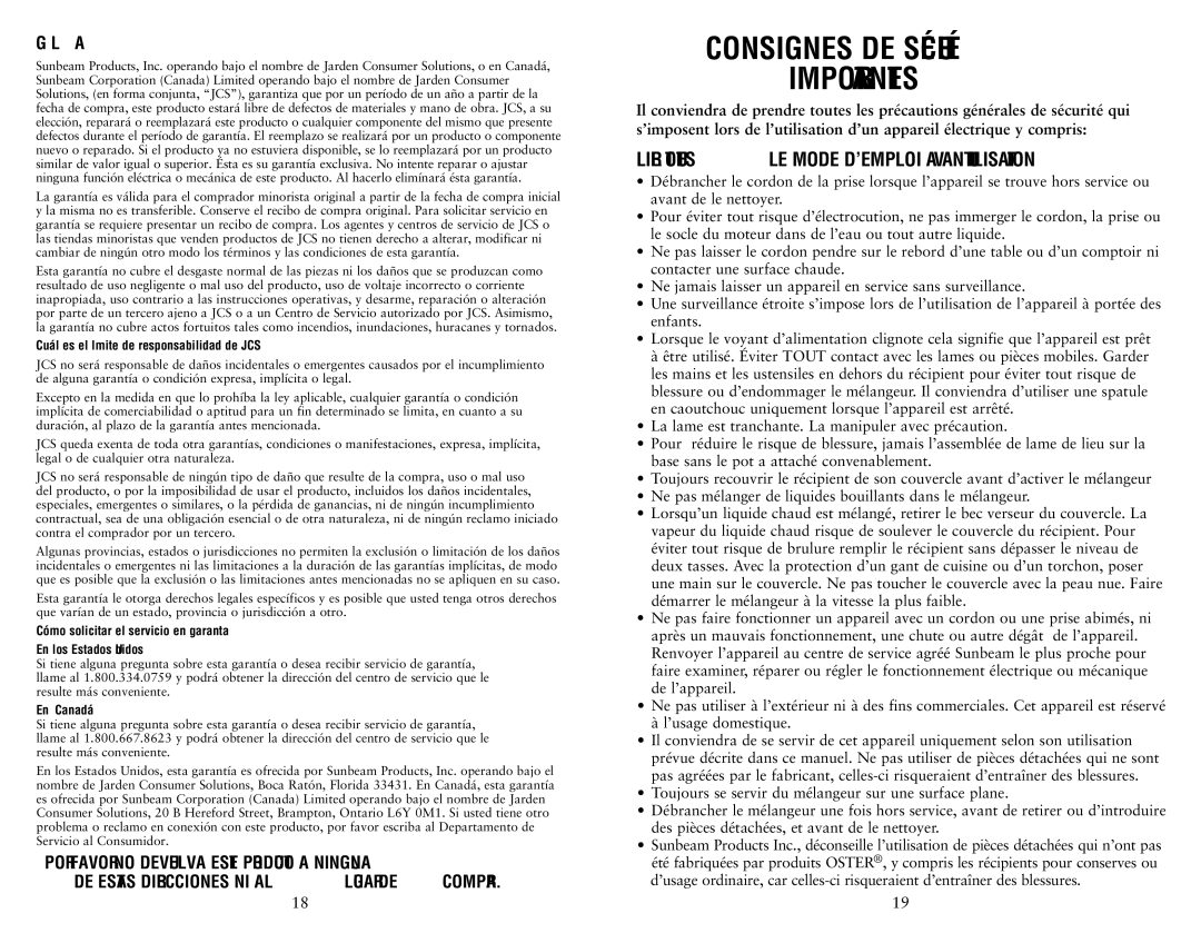 Oster 153034-000-000 user manual Garantía Limitada por un Año, ¿Cuál es el límite de responsabilidad de JCS?, En Canadá 