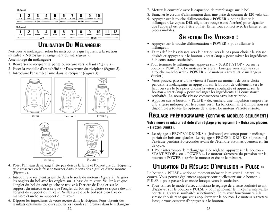 Oster 153034-000-000 Utilisation Du Mélangeur, Sélection Des Vitesses, Utilisation Du Réglage D’impulsion « Pulse » 