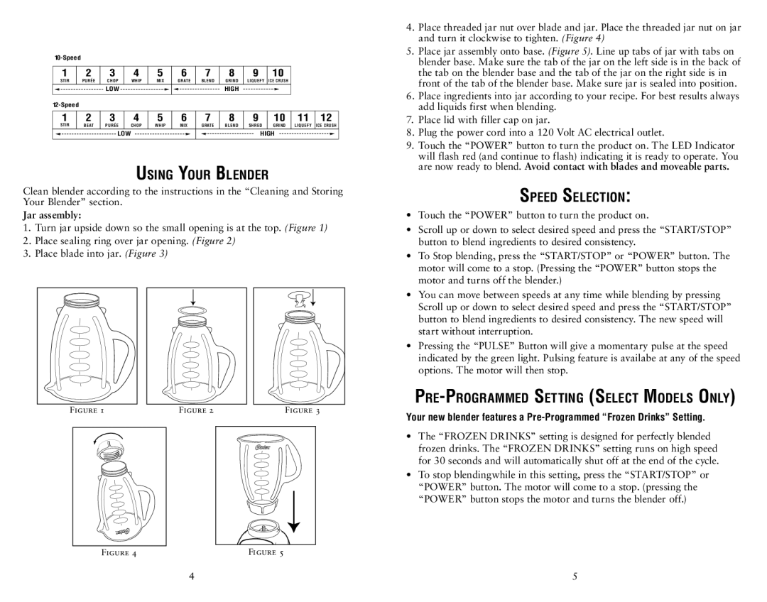 Oster Electronic Control Blender user manual Using Your Blender, Speed Selection, Pre-Programmed Setting Select Models Only 