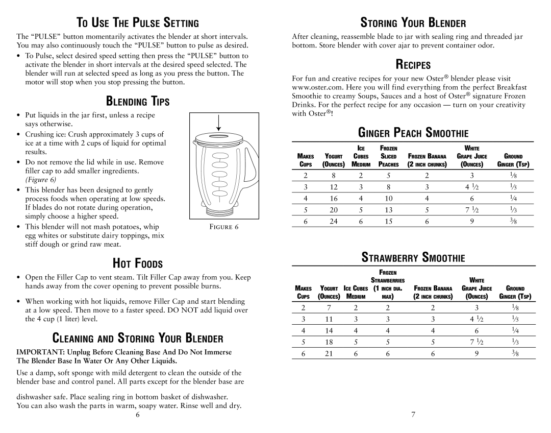 Oster 153034-000-000 user manual To Use The Pulse Setting, Blending Tips, Hot Foods, Cleaning and Storing Your Blender 