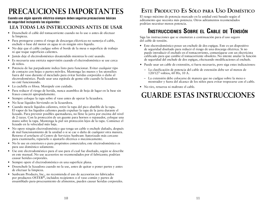 Oster 153034-000-000 user manual Lea todas las instrucciones antes de usar, Instrucciones Sobre el Cable de Tensión 