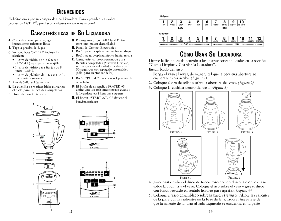 Oster Electronic Control Blender Bienvenidos Características de Su Licuadora, Cómo Usar Su Licuadora, Ensamblado del vaso 