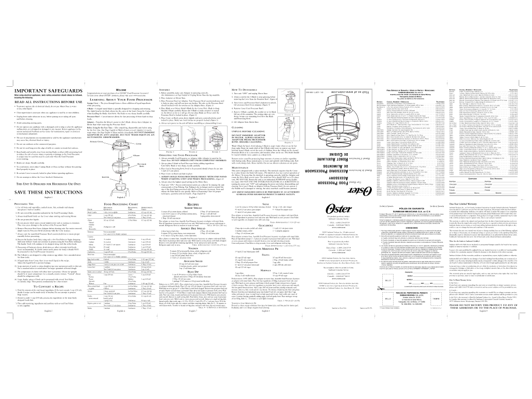 Oster user manual Assembly, HOW to Disassemble, Cleaning, Operating the Food Processor, Maintenance, Processing Tips 