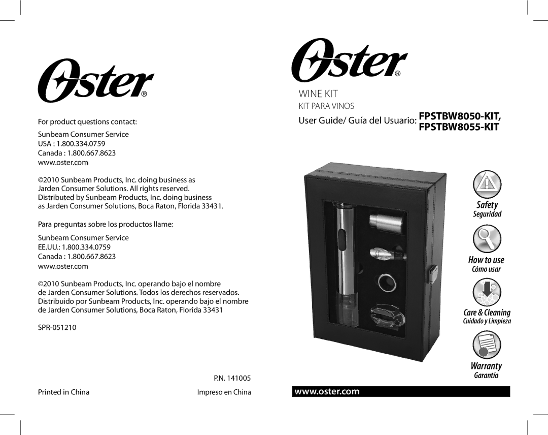 Oster Wine Kit, FPSTBW8055-KIT, FPSTBW8050-KIT warranty Kit para vinos 