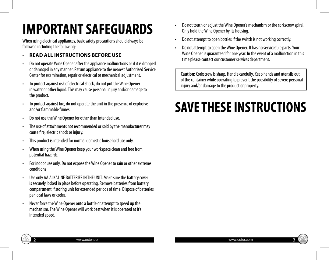 Oster FPSTBW8050-KIT, Wine Kit Read all instructions before use, Do not use the Wine Opener for other than intended use 