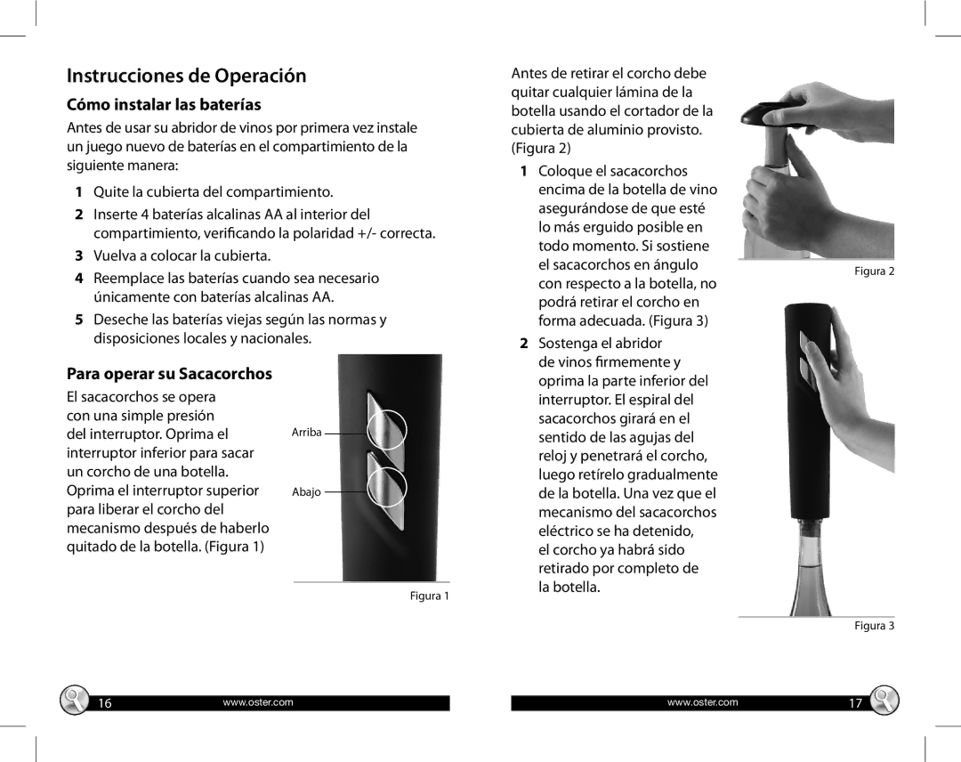 Oster FPSTBW8055-KIT, Wine Kit warranty Instrucciones de Operación, Cómo instalar las baterías, Para operar su Sacacorchos 