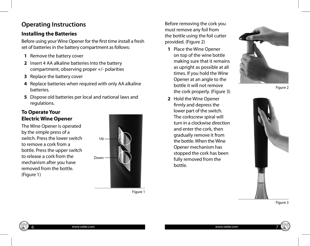 Oster Wine Kit, FPSTBW8055-KIT Operating Instructions, Installing the Batteries, To Operate Your Electric Wine Opener 