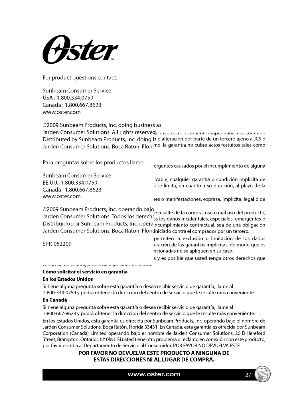 Oster FPSTCF7500 manual 