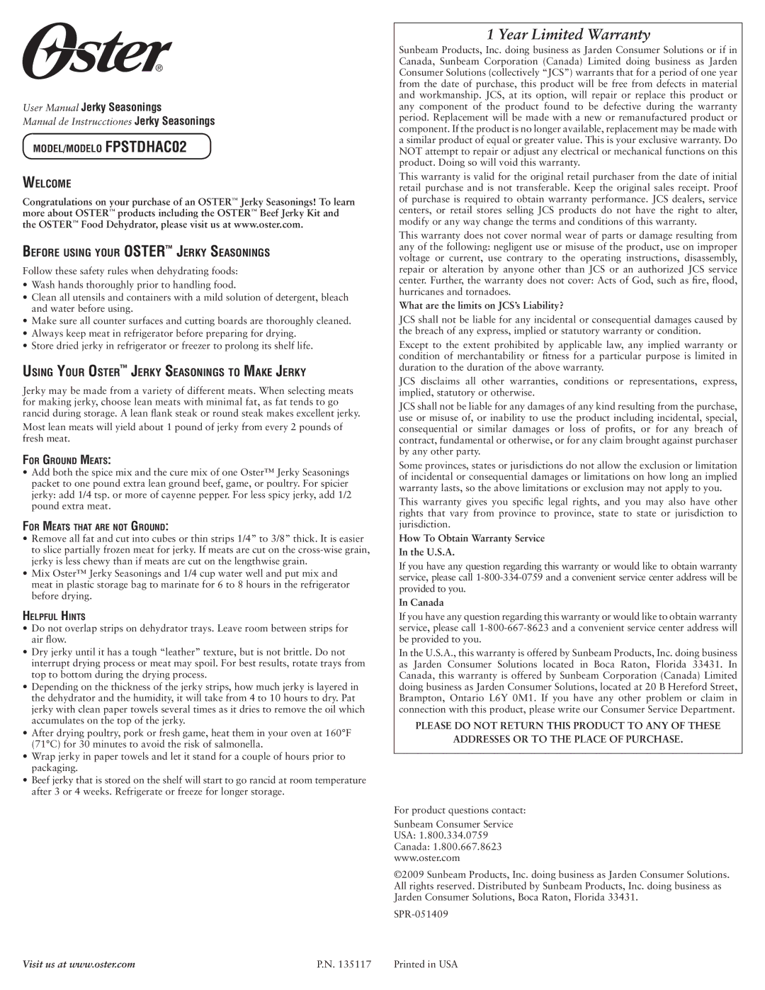 Oster FPSTDHAC02 warranty Year Limited Warranty, Welcome Before using your Oster Jerky Seasonings 
