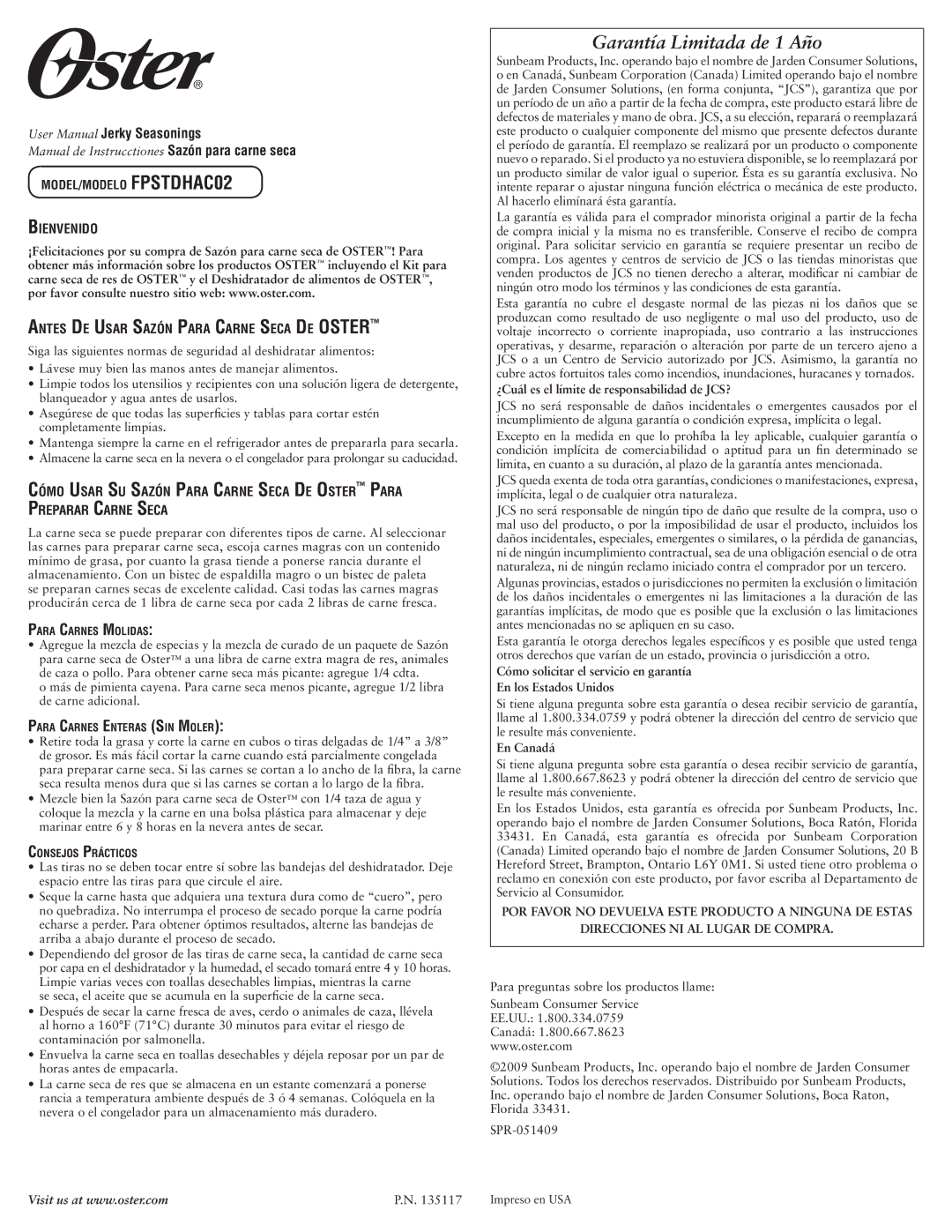 Oster FPSTDHAC02 warranty Garantía Limitada de 1 Año, Bienvenido Antes De Usar Sazón Para Carne Seca De Oster, En Canadá 