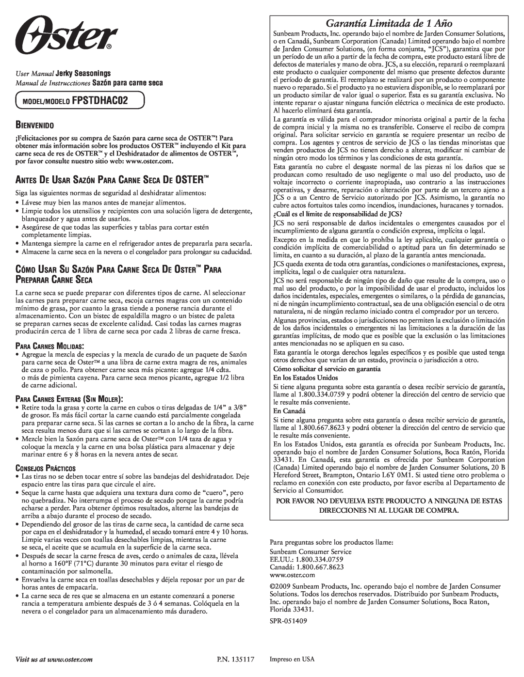 Oster FPSTDHAC02 warranty Garantía Limitada de 1 Año, Manual de Instrucctiones Sazón para carne seca, En los Estados Unidos 