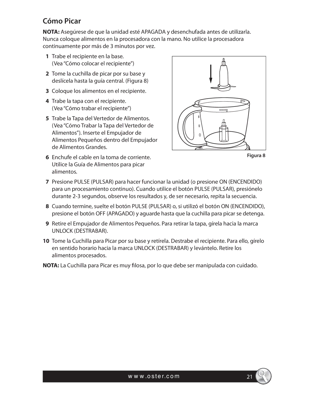 Oster FPSTFP4250 warranty Cómo Picar, Utilice la Guía de Alimentos para picar 
