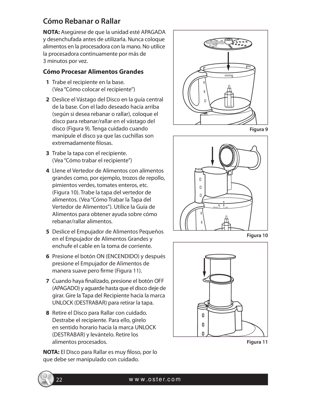 Oster FPSTFP4250 warranty Cómo Rebanar o Rallar, Cómo Procesar Alimentos Grandes 