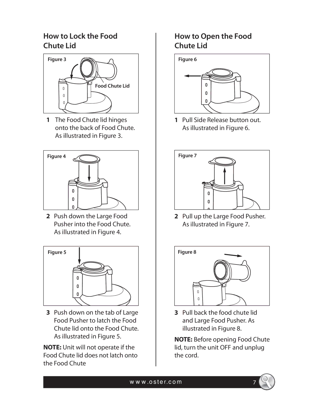 Oster FPSTFP4250 warranty How to Lock the Food Chute Lid, How to Open the Food Chute Lid 