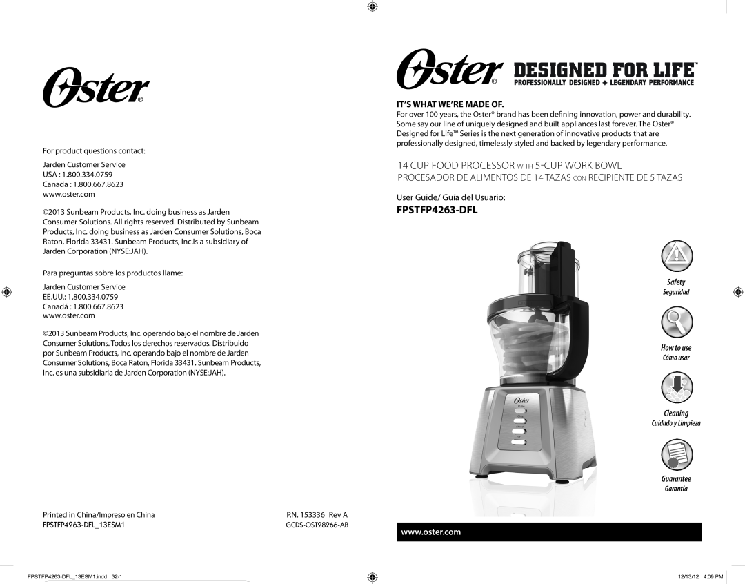Oster OSTER 14 CUP FOOD PROCESSOR with 5-CUP WORK BOWL manual FPSTFP4263-DFL, 14CUP FOOD PROCESSOR with 5-CUPWORK BOWL 