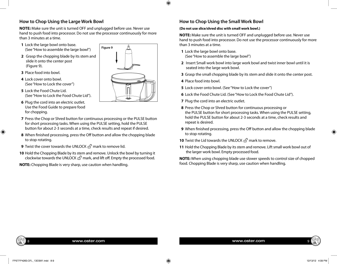 Oster OSTER 14 CUP FOOD PROCESSOR with 5-CUP WORK BOWL, FPSTFP4263-DFL manual How to Chop Using the Large Work Bowl 