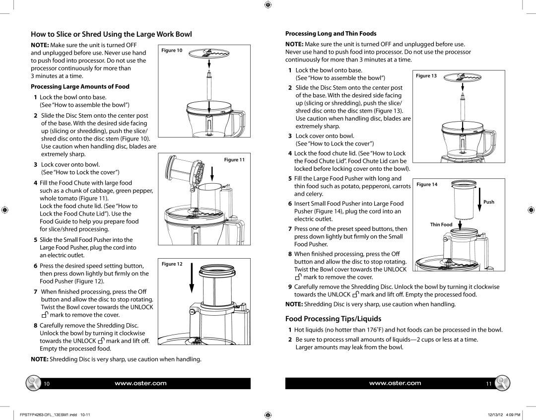 Oster FPSTFP4263-DFL manual How to Slice or Shred Using the Large Work Bowl, Food Processing Tips/Liquids 
