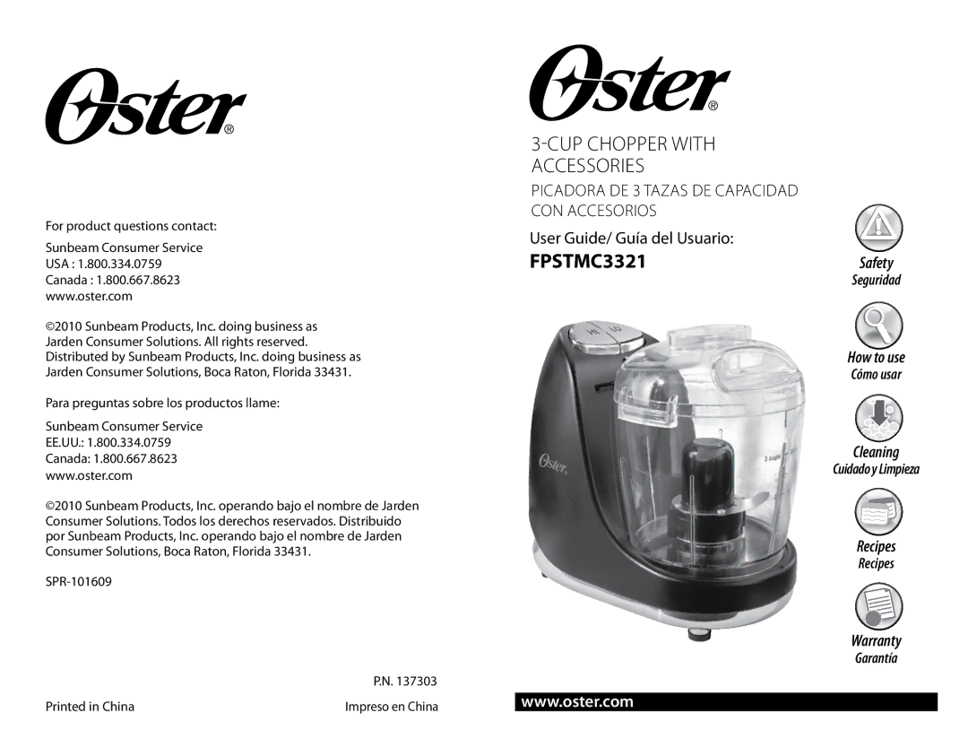 Oster 3-Cup Chopper With Accessories, FPSTMC3321 warranty SPR-101609 