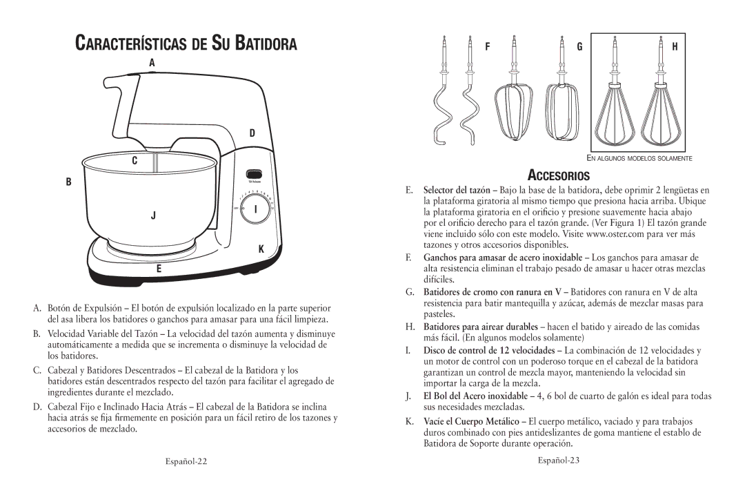 Oster FPSTSM5102, FPSTSM5101 user manual Características de Su Batidora, Accesorios 