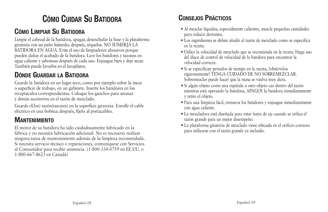 Oster FPSTSM5101, FPSTSM5102 Cómo Cuidar Su Batidora, Cómo Limpiar Su Batidora, Dónde Guardar la Batidora, Mantenimiento 