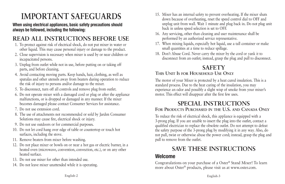 Oster FPSTSM5102, FPSTSM5101 user manual Important Safeguards 