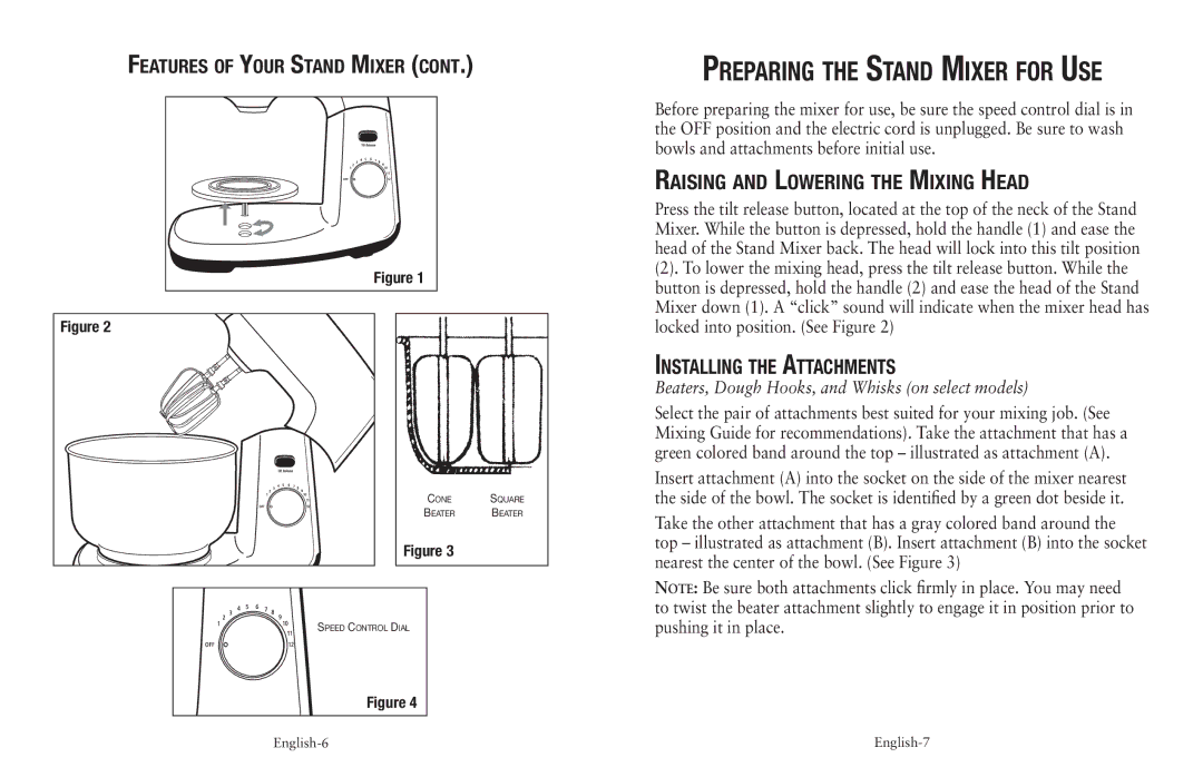 Oster FPSTSM5102 Preparing the Stand Mixer for Use, Raising and Lowering the Mixing Head, Installing the Attachments 