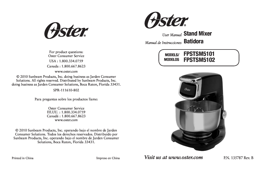 Oster user manual Manual de Instrucciones Batidora, MODELS/ FPSTSM5101 MODELOS FPSTSM5102 