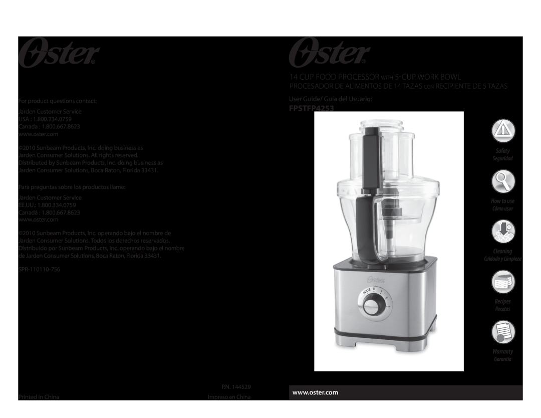 Oster 14 CUP FOOD PROCESSOR WITH 5 CUP WORK BOWL warranty FPSTFP4253, 14Cup Food Processor with 5-cupwork bowl, Safety 