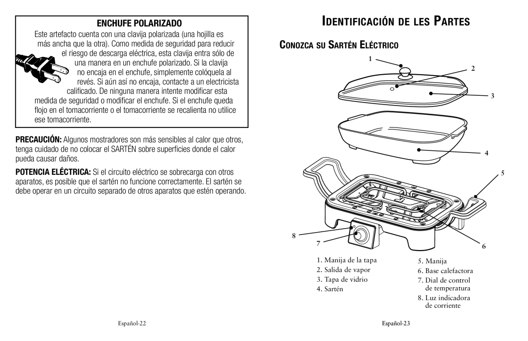 Oster Fryer user manual Enchufe Polarizado, Conozca su Sartén Eléctrico 