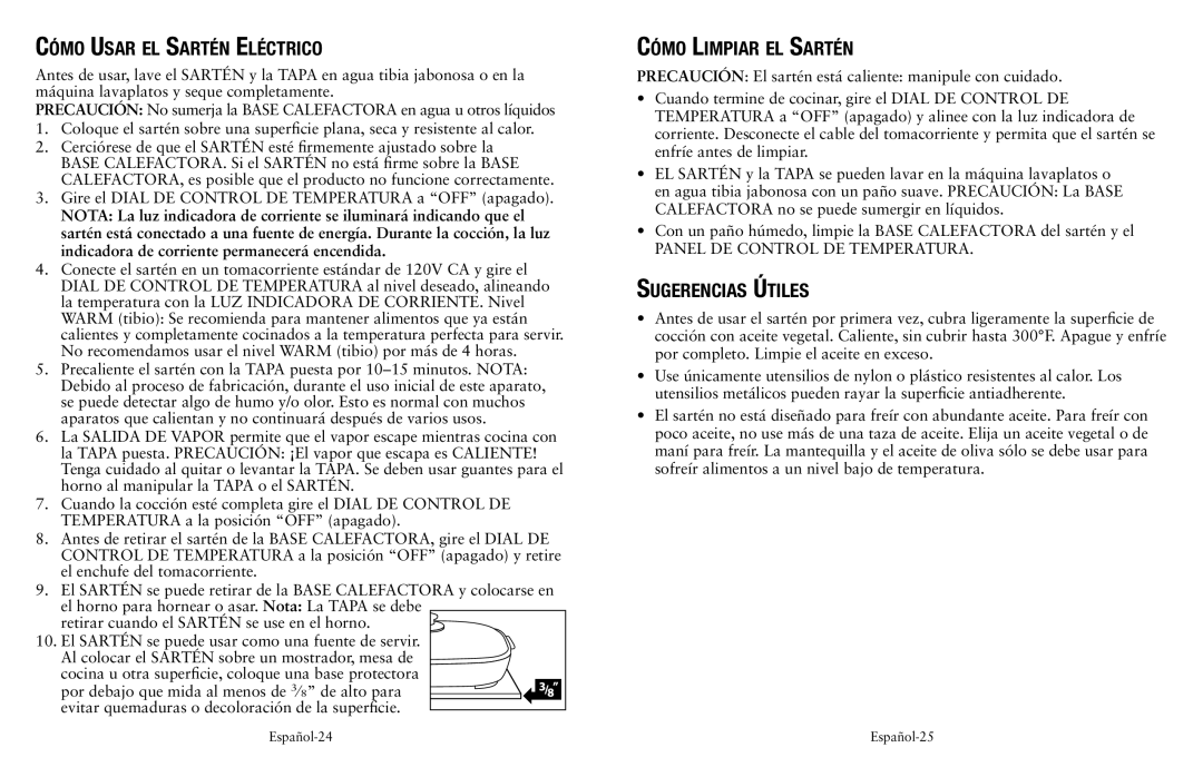 Oster Fryer user manual Cómo Usar el Sartén Eléctrico, Cómo Limpiar el Sartén, Sugerencias Útiles 