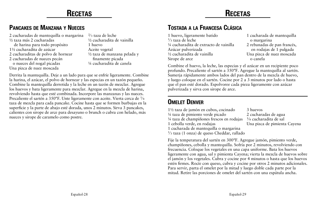 Oster Fryer user manual Pancakes de Manzana y Nueces, Tostada a la Francesa Clásica, Omelet Denver 