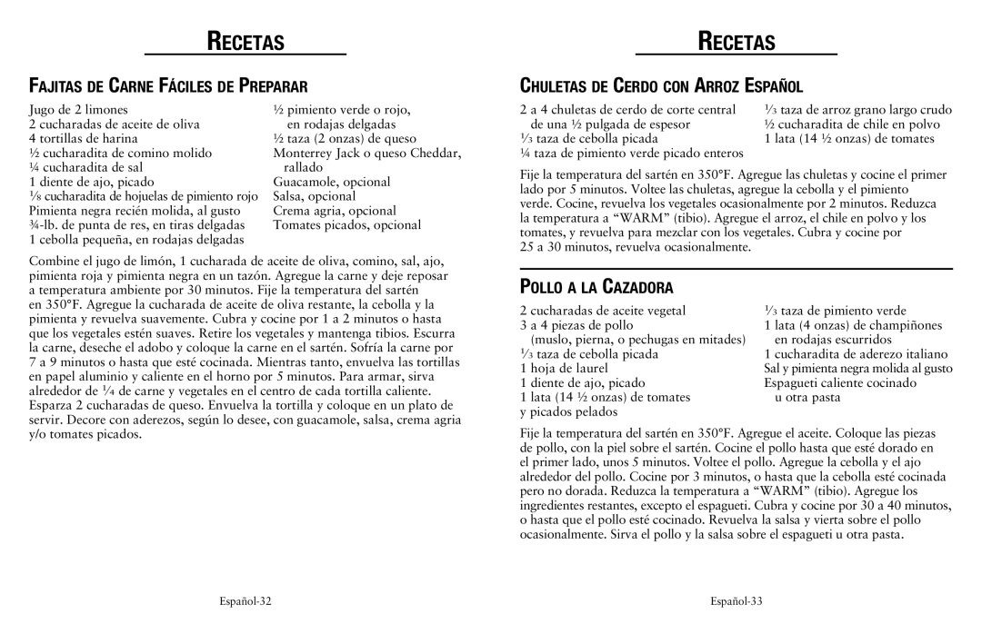 Oster Fryer user manual Fajitas de Carne Fáciles de Preparar, Chuletas de Cerdo con Arroz Español, Pollo a la Cazadora 