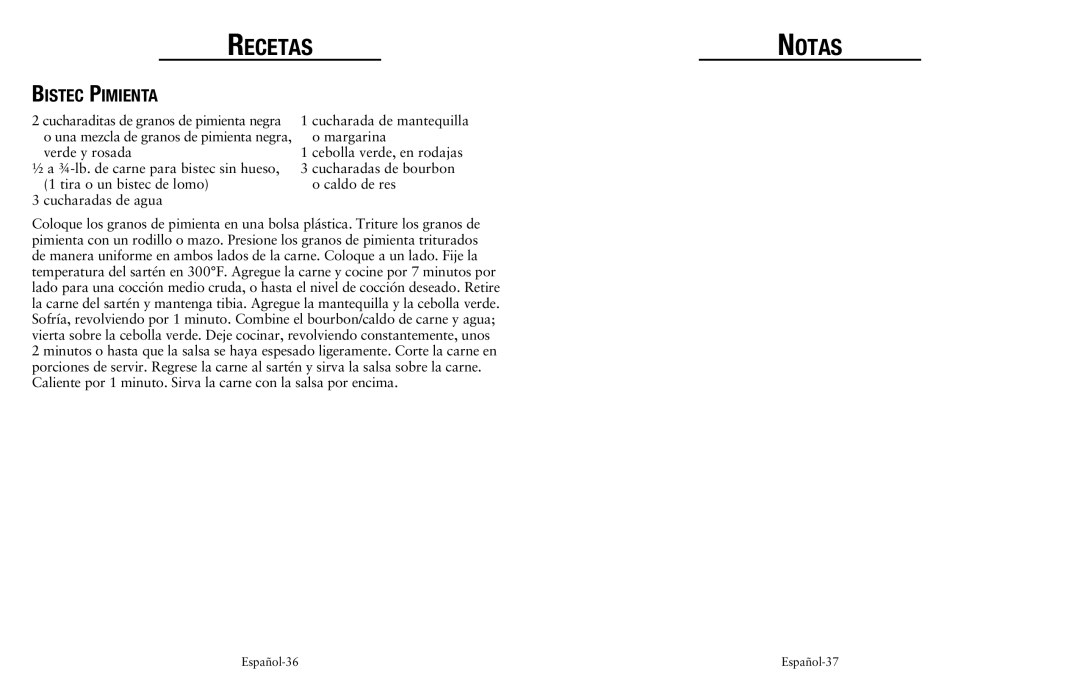 Oster Fryer user manual Recetas Notas, Bistec Pimienta 