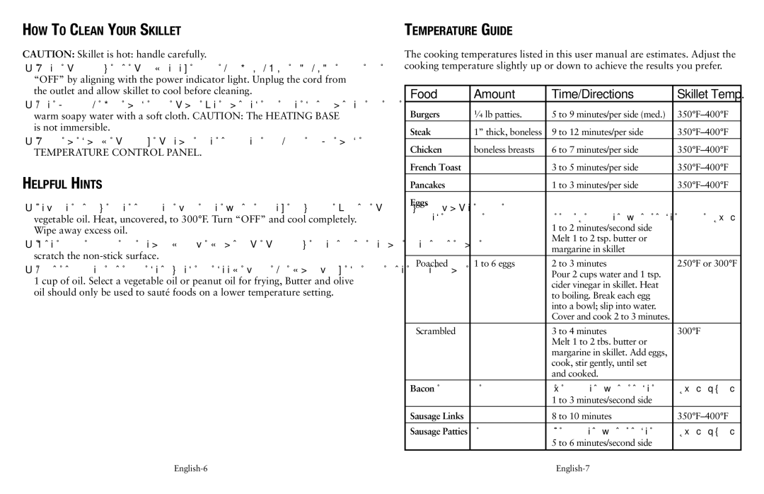 Oster Fryer user manual How To Clean Your Skillet, Helpful Hints, Temperature Guide Food Amount Time/Directions 