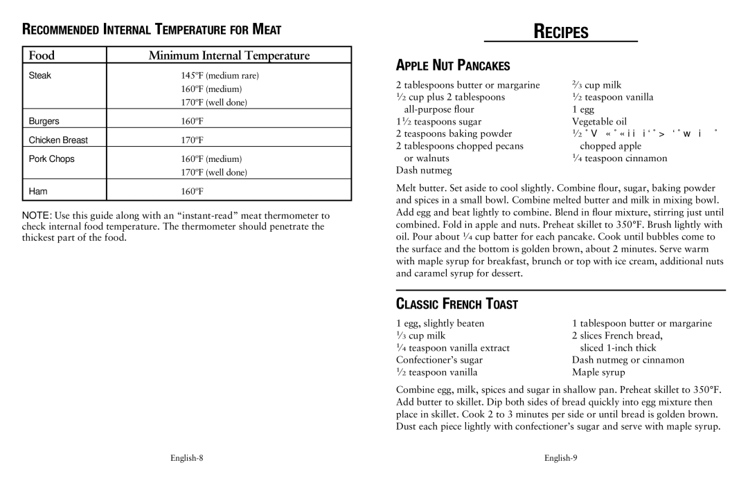 Oster Fryer user manual Apple Nut Pancakes, Classic French Toast 