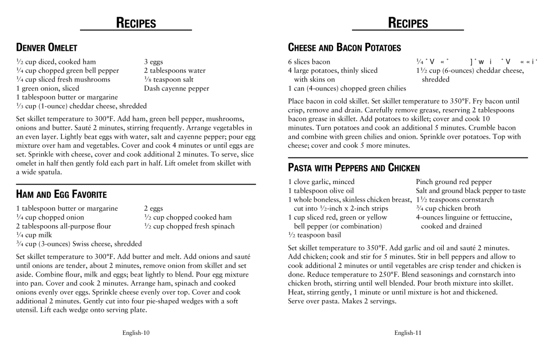 Oster Fryer user manual Denver Omelet, Ham and Egg Favorite, Cheese and Bacon Potatoes, Pasta with Peppers and Chicken 