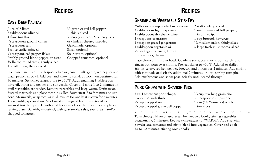 Oster Fryer user manual Easy Beef Fajitas, Shrimp and Vegetable Stir-Fry, Pork Chops with Spanish Rice 