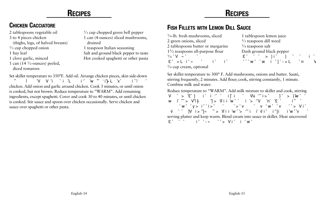 Oster Fryer user manual Chicken Cacciatore, Fish Fillets with Lemon Dill Sauce, ⁄4 cup milk, Tablespoon white wine 