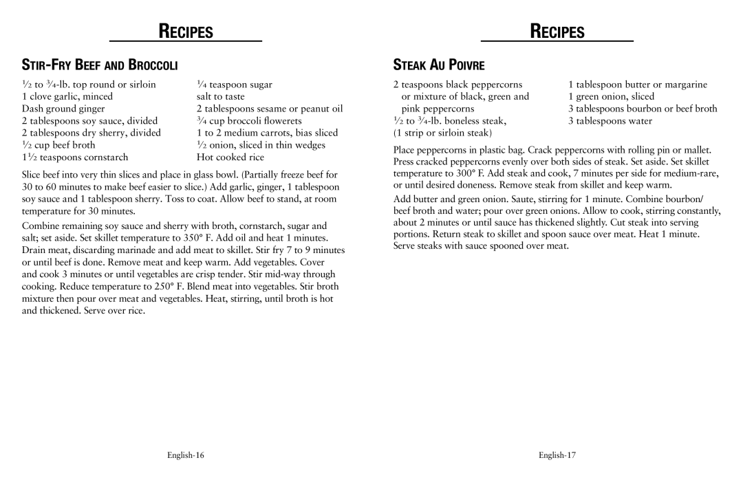 Oster Fryer user manual Stir-Fry Beef and Broccoli, Steak Au Poivre 