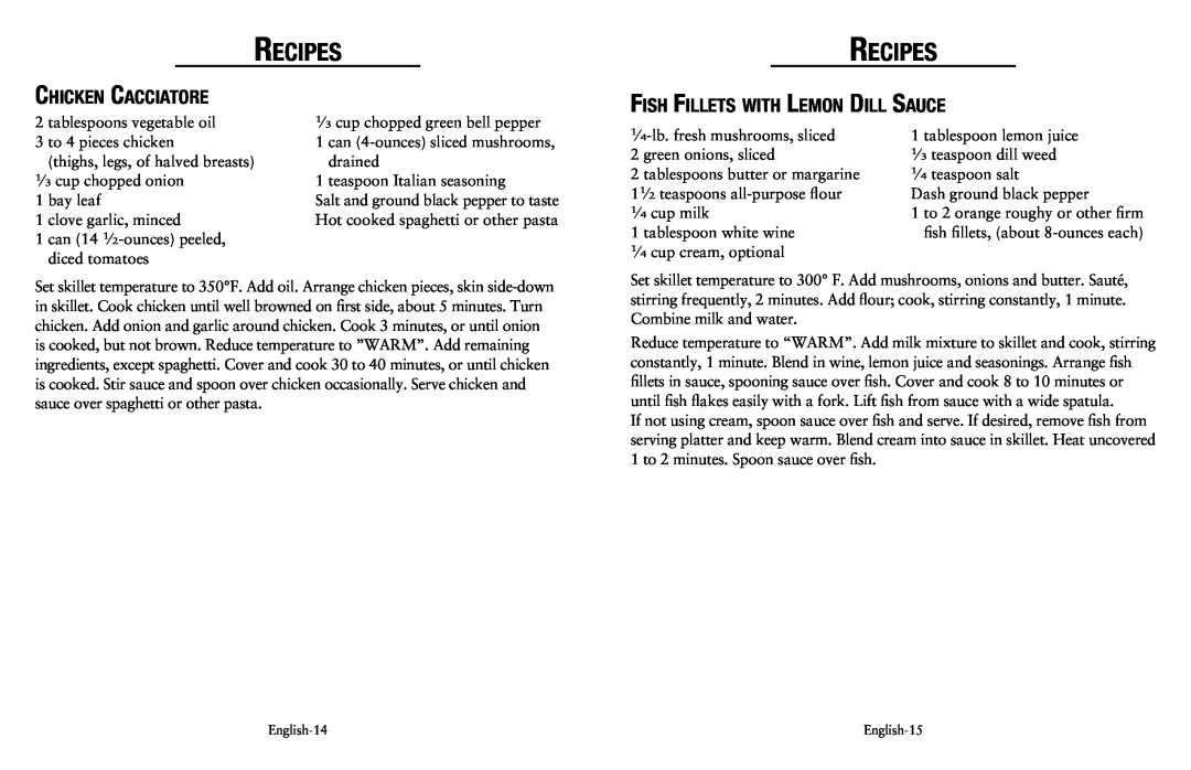 Oster Fryer user manual Chicken Cacciatore, Fish Fillets with Lemon Dill Sauce, Recipes 