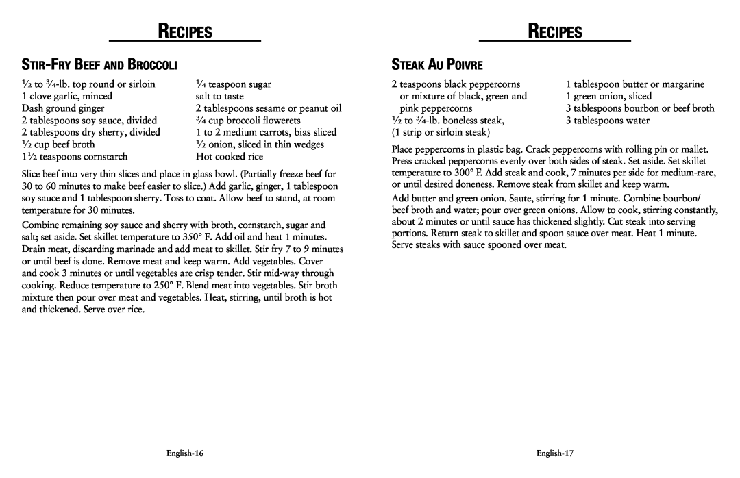 Oster Fryer user manual Stir-Fry Beef and Broccoli, Steak Au Poivre, Recipes 