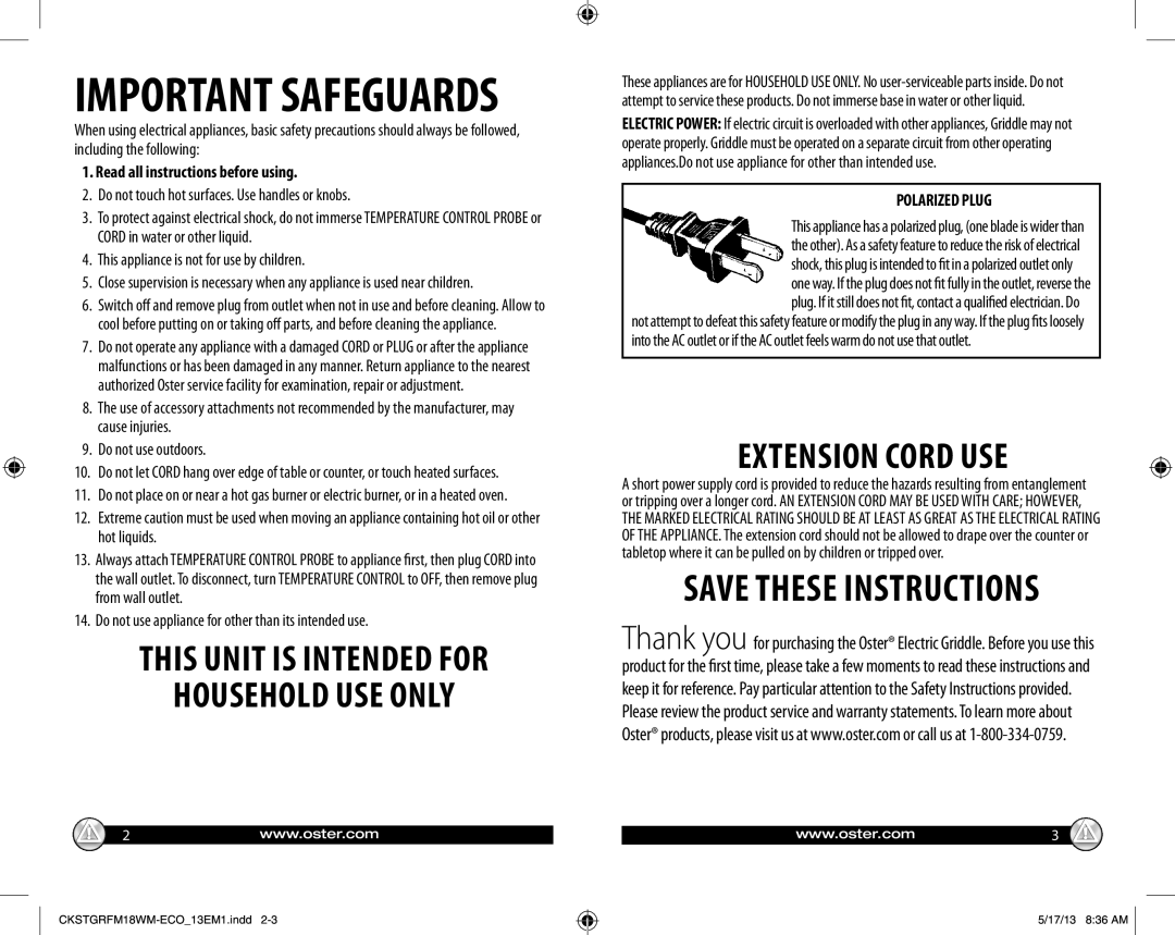 Oster GCDS-OST29726-ZZ warranty Read all instructions before using, Do not touch hot surfaces. Use handles or knobs 