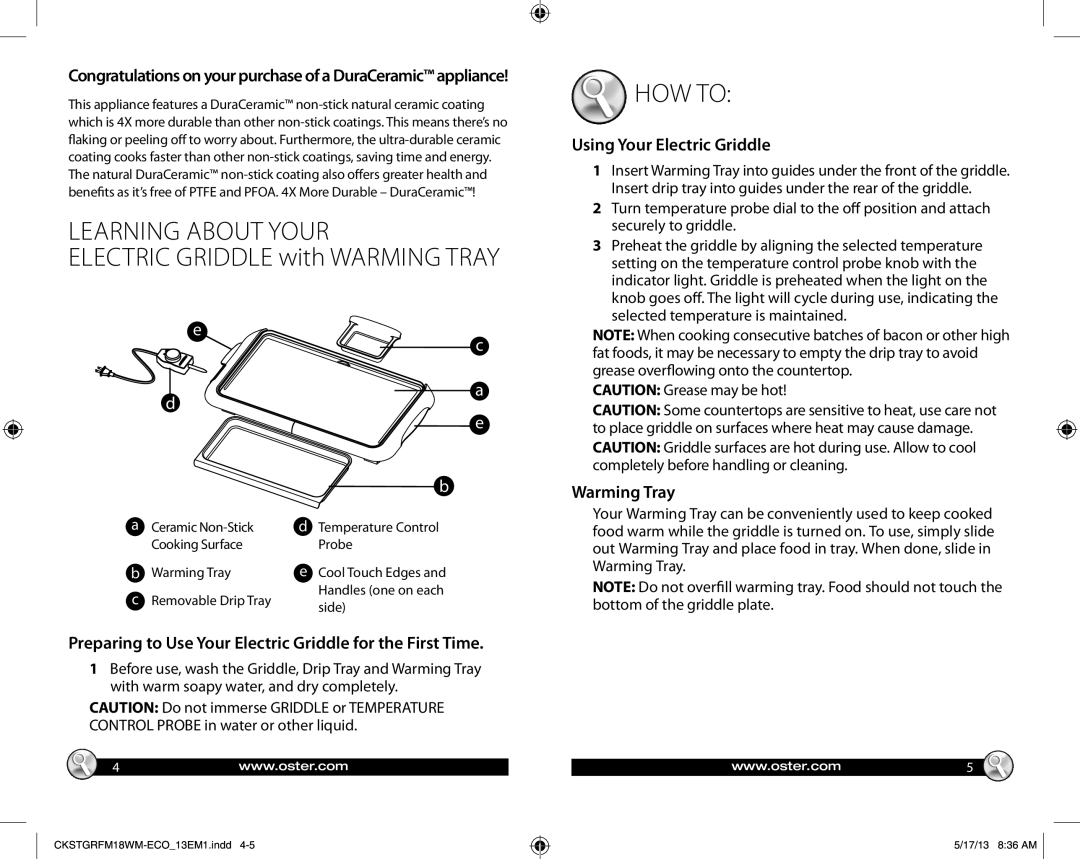 Oster Electric Griddle with Warming Tray, GCDS-OST29726-ZZ warranty Learning about Your, HOW to, Using Your Electric Griddle 